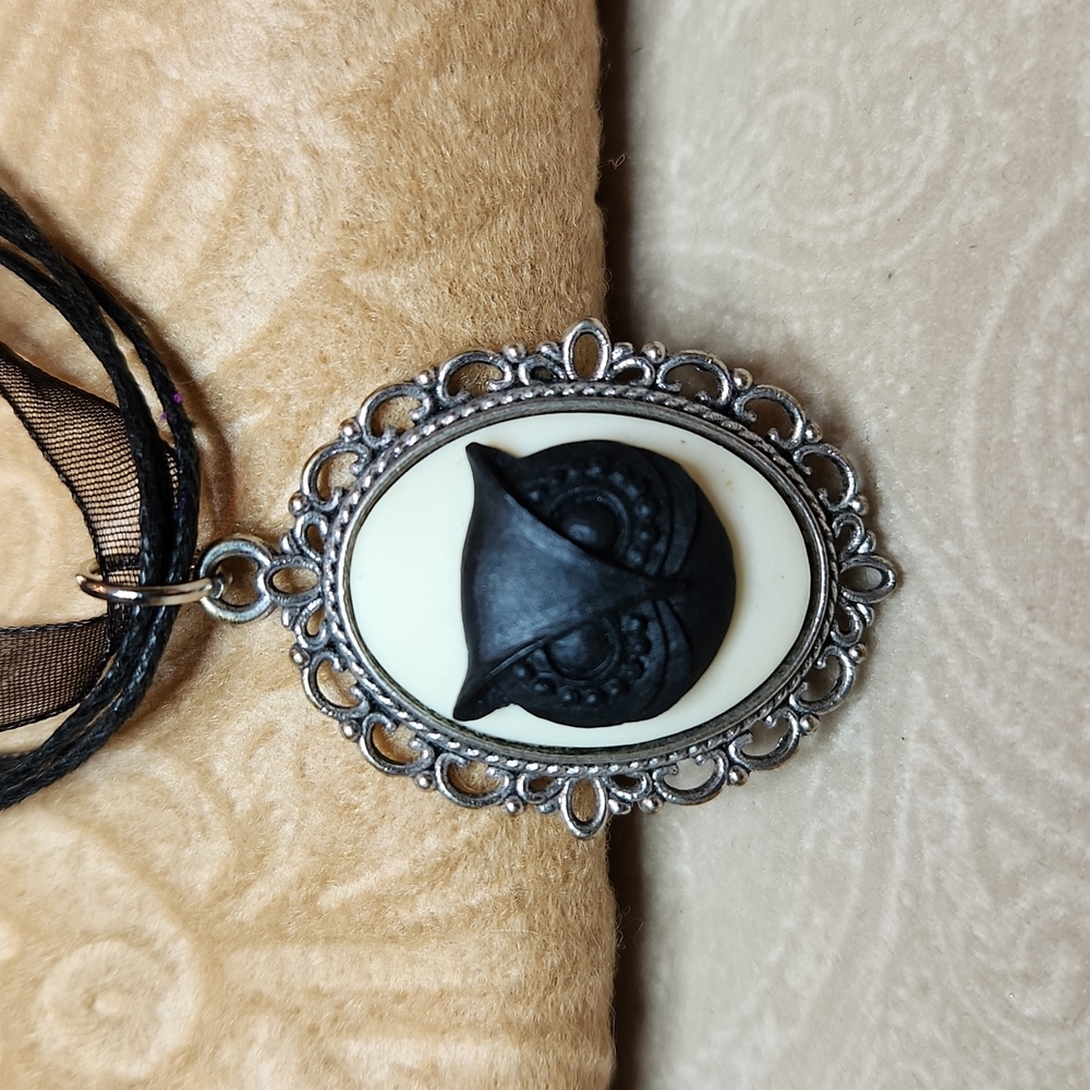 Owl cameo pendant necklace. Black White Silver Witchy Wicca Goth Fairycore